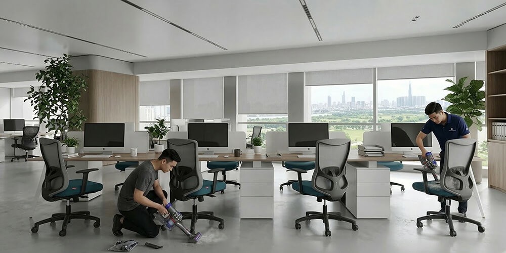 Dùng máy hút bụi để vệ sinh đệm ngồi, tựa lưng ghế công thái học