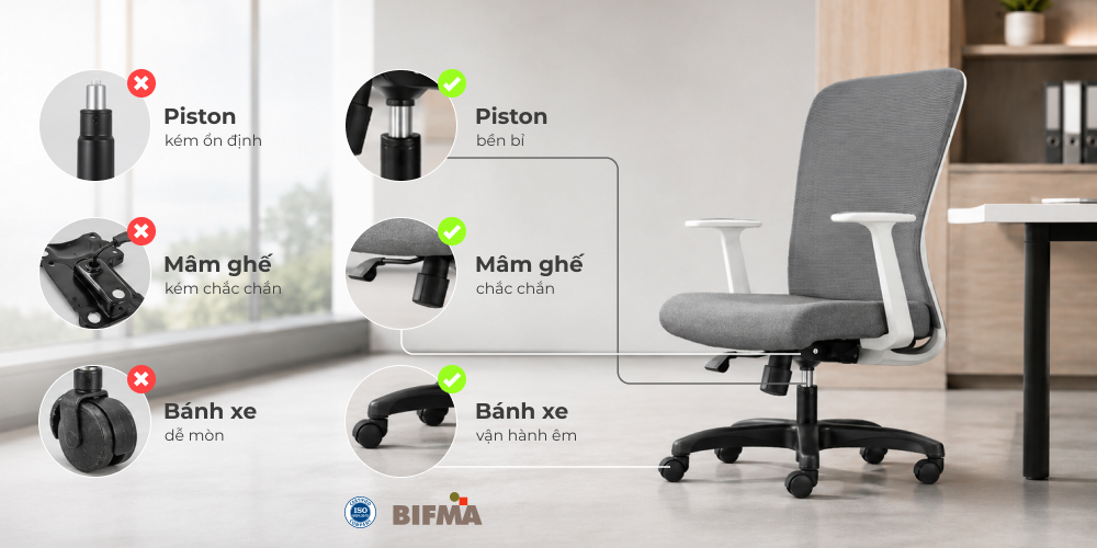 Đánh giá chất lượng cấu tạo ghế xoay văn phòng qua từng chi tiết